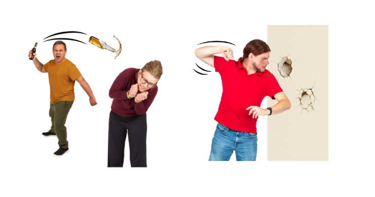Man throwing a bottle at a scared woman. Man punching holes in to a wall.