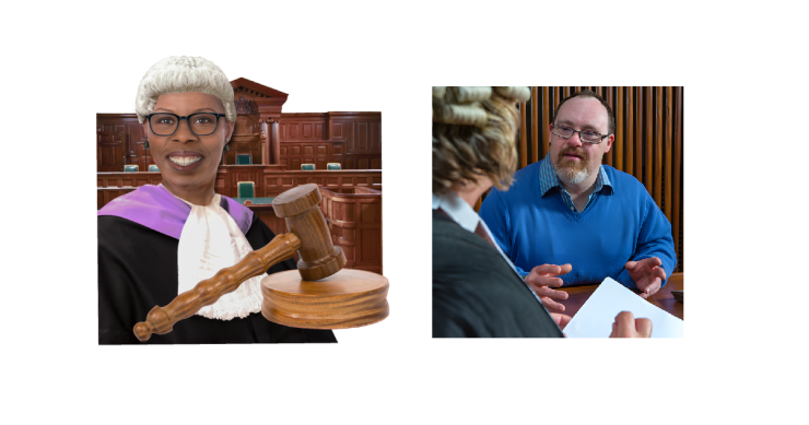 Female judge in court with gavel, next to a man who is talking to a lawyer and giving evidence.