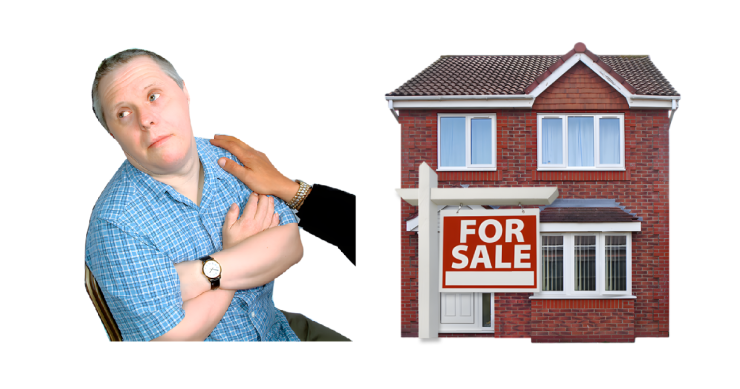 Man not talking to a supportive person. House with a for sale sign outside.
