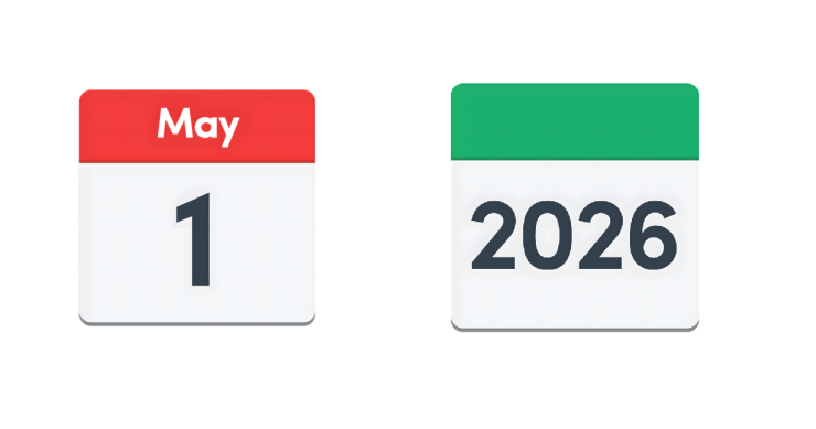 Calendar showing May 1st, and calendar showing 2026.