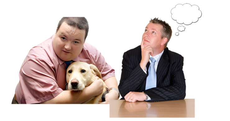 Man holding a dog, next to a man in a suit with a thinking bubble above his head.