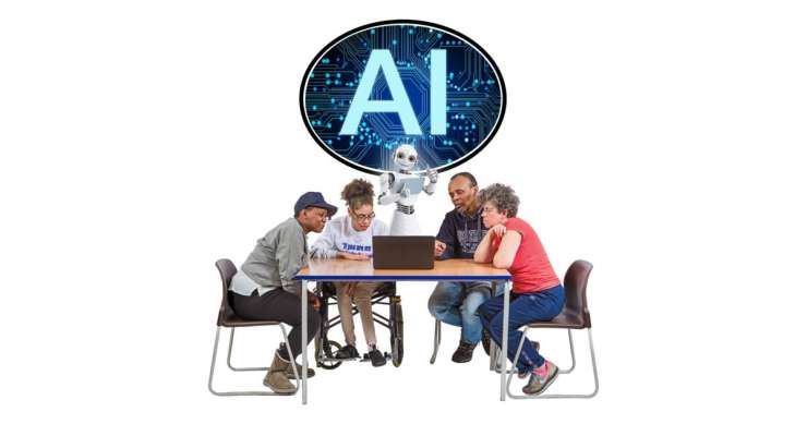 Five individuals sit around a table, focusing on a laptop. A small robot stands behind them, with a large 'AI' symbol overhead. The scene conveys a blend of technology and human collaboration, highlighting the integration of artificial intelligence in everyday interactions.