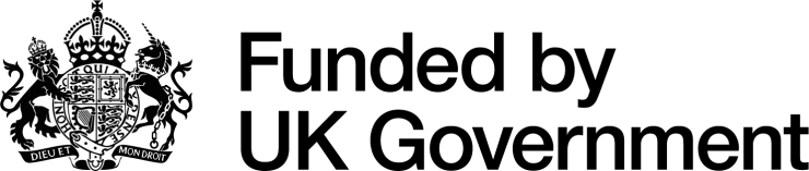 A logo quoting 'Funded by UK Government' in black text with a black crest to the left side
