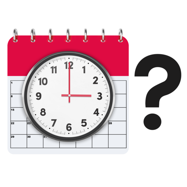 Clock and calendar with a question mark next to it.