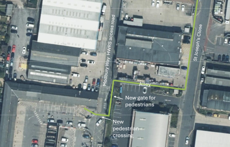 A map of the safe pedestrian route into Hove tip. You turn off of Old Shoreham Road onto St Joseph&rsquo;s Close, and walk until you see an alley on the right, which runs between Hove Technical Centre and SIG Roofing. Go through the alley and take a left at the end, you will see our new pedestrian gate, and a little way beyond it, a new pedestrian crossing, which will take you across the road and into the site.